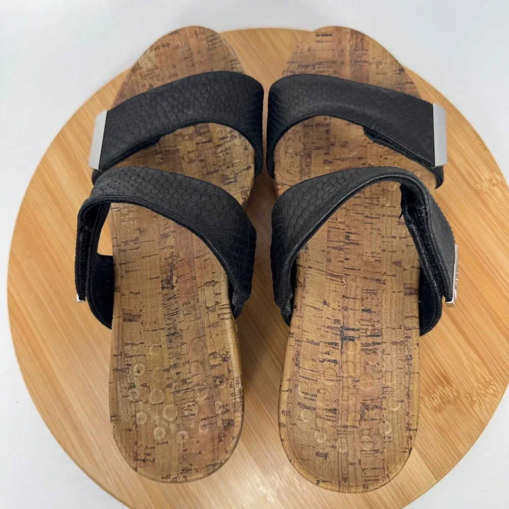Vionic Pepper Black Snakeskin Leather Cork Wedge Slide Sandals TVW5251 Womens 10